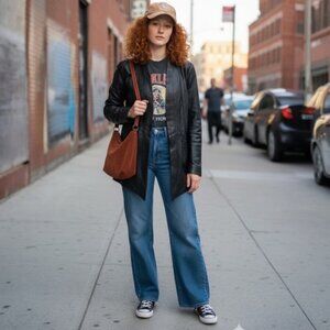 Daniel Leather Open Shawl Collar Jacket Blazer Ties Ribbed Stretch Sides Pockets